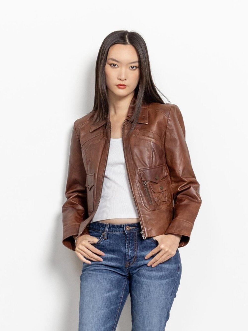LEATHER MOTORCYCLE JACKET Brown 2000's Vintage Women Small